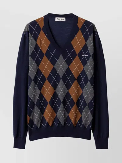 Miu Miu V-neck Wool Knitwear Argyle Pattern In Blue