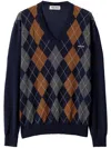 Miu Miu Argyle V-neck Wool Sweater In Blue