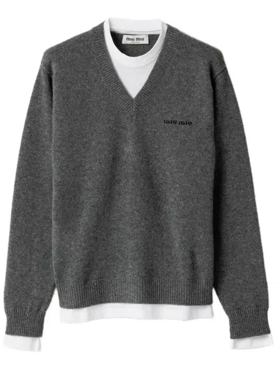 Miu Miu Intarsia-logo V-neck Sweater In Gray