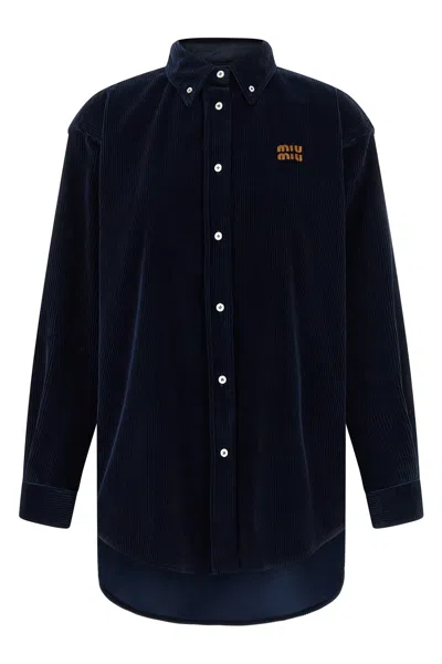 Miu Miu Velvet And Leather Shirt In Blue