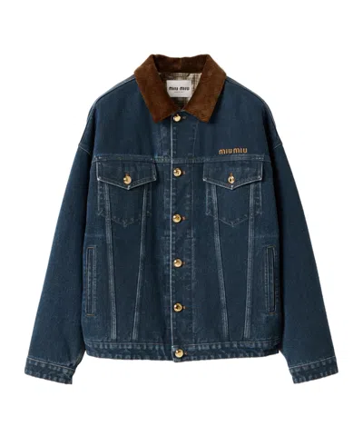 MIU MIU FLOCKED DENIM AND VELVET BLOUSON JACKET