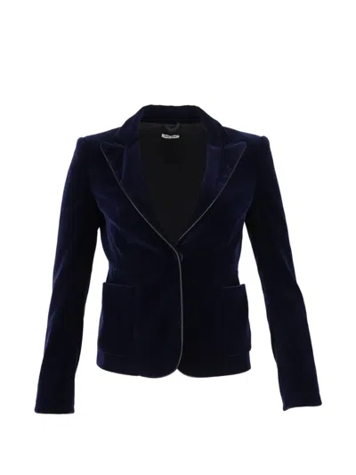 Pre-owned Miu Miu Velvet Leather-trim Blazer In Blue