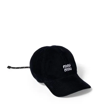 Miu Miu Velvet Logo Baseball Cap In Blue