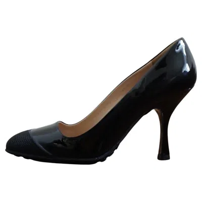 Pre-owned Miu Miu Vernice Black Patent Leather Pointed Rubber Grip Soles Heels 37.5 Bnwt