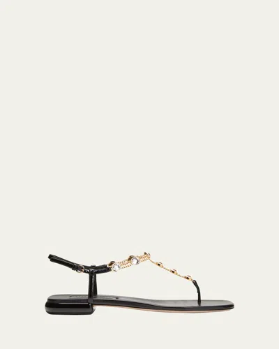 Miu Miu Vernice Crystal Chain Thong Sandals In Black