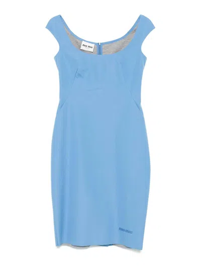 Miu Miu Embroidered Logo Tailored Dress In Blue