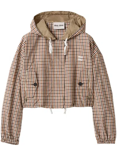 Miu Miu Vichy Check Technical Fabric Blouson Jacket In Gesso+arancio
