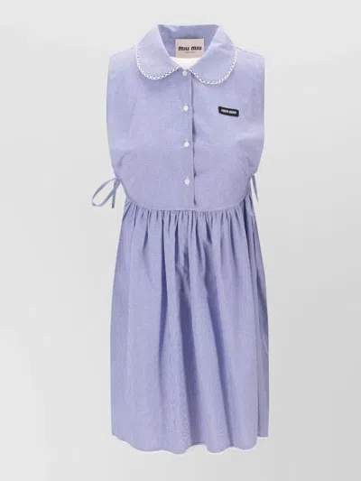 Miu Miu Vichy Dress Sleeveless Gathered Waist Bow Collar In Blue