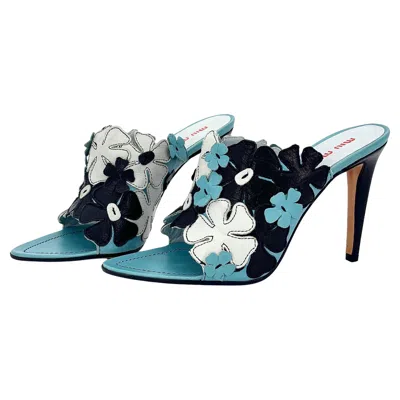 Pre-owned Miu Miu Vintage Blue Floral Cutout Heeled Mules Sandals 38.5