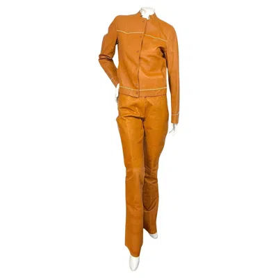 Pre-owned Miu Miu Vintage Cognac Leather Jacket And Pants Set Size It 44 In Orange