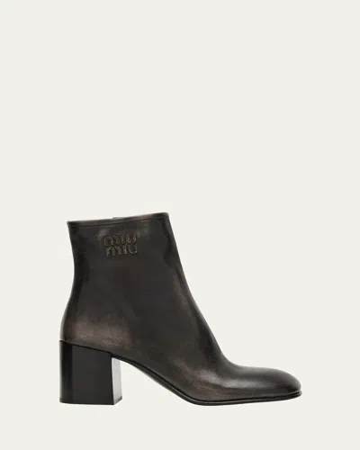 Miu Miu Vintage Leather Block-heel Booties In Black