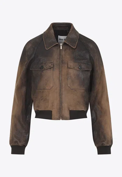 Miu Miu Vintage Leather Zip-up Jacket In Brown