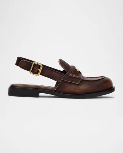 Miu Miu Vintage-effect Leather Slingback Penny Loafers In Brown