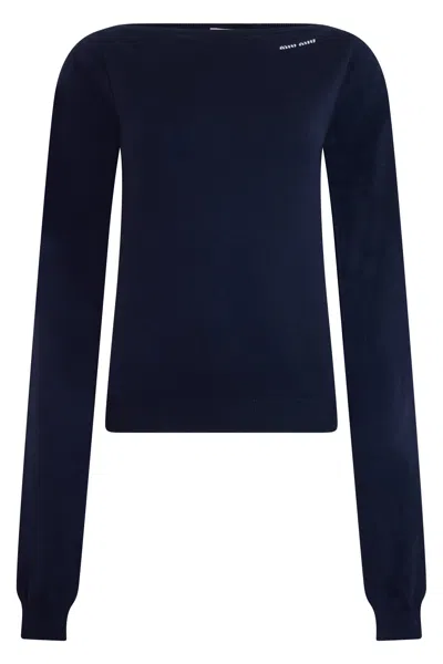 Miu Miu Virgin Wool Boat Neck Sweater In Blue