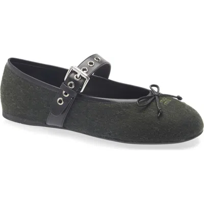 Miu Miu Virgin Wool Flannel Mary Jane Ballet Flat In Loden