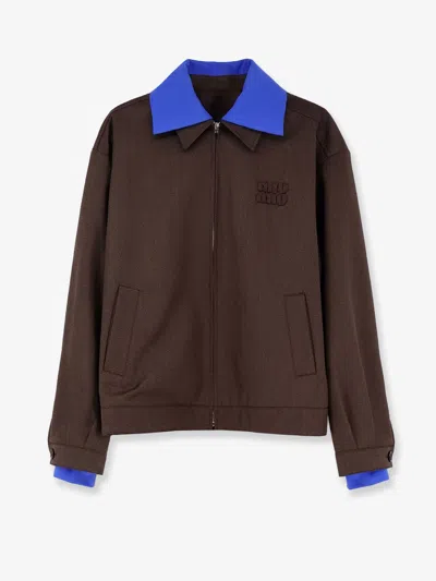 Miu Miu Virgin Wool Jacket With Logo Detail In Brown