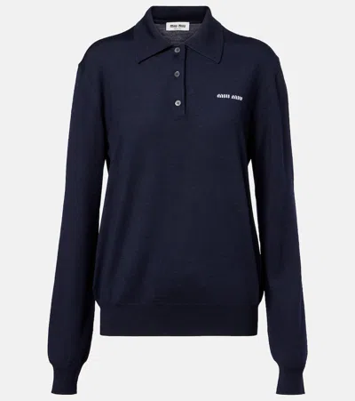 Miu Miu Virgin Wool Polo Sweater In Blue
