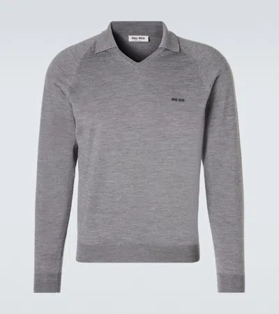 Miu Miu Virgin Wool Polo Sweater In Gray