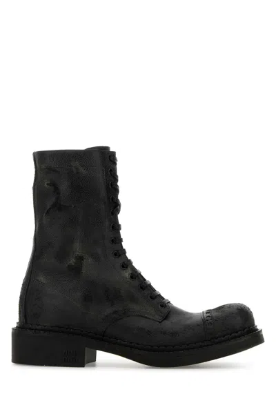 Miu Miu Vitello Leather Lace-up Ankle Boot In Black
