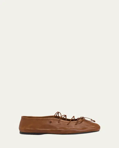 Miu Miu Leather Ballerina Shoes Flat Sole Round Toe In Brown