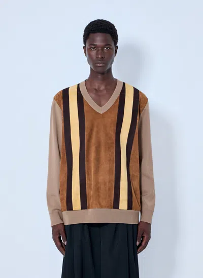 Miu Miu V-neck Sweater With Contrast Stripes In Brown