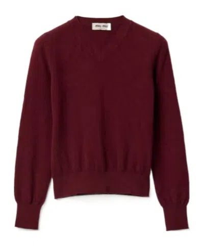 Miu Miu V-neck Wool Cardigan In Burgundy