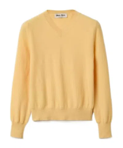 Miu Miu V-neck Wool Cardigan In Yellow