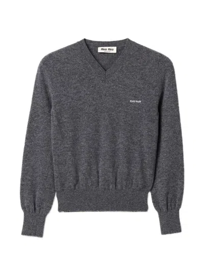 Miu Miu Wool Lounge Set Elastic Waistband V Neck In Gray