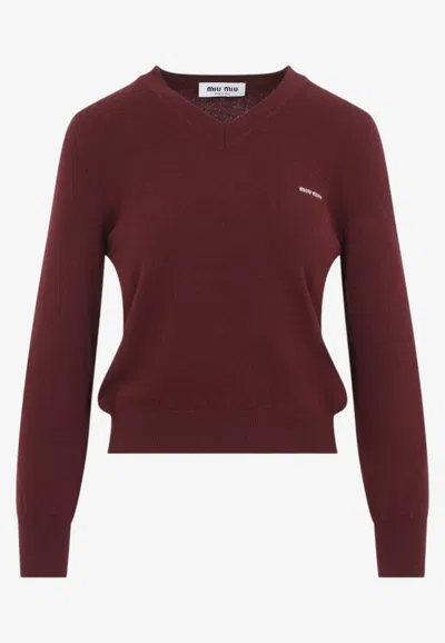 Miu Miu V-neck Wool Sweater In Burgundy