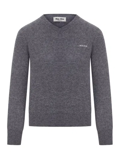 Miu Miu V-neck Wool Sweater In Grey