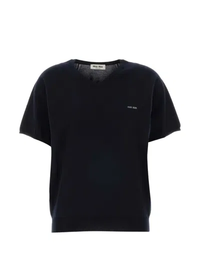 Miu Miu V-neck Wool T-shirt In Black