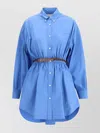 Miu Miu Waist Belted Gathered Detail Long Sleeves Dress In Blue