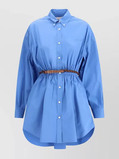 Miu Miu Waist Belted Gathered Detail Long Sleeves Dress In Blue