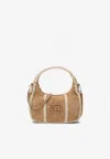 Miu Miu Wander Crochet Knit-trimmed Suede Shoulder Bag In Sand