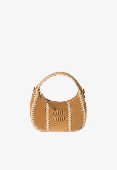Miu Miu Wander Crochet-trimmed Suede Shoulder Bag In Brown
