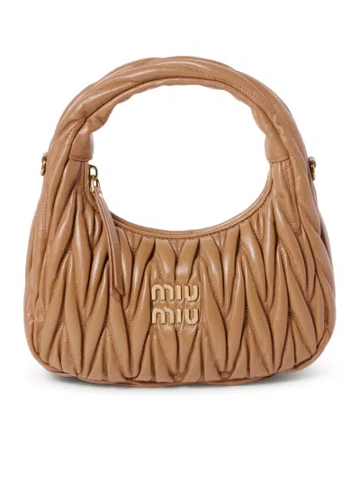 Miu Miu Wander Hobo Bag In Matelassé Nappa In Brown