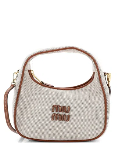 Pre-owned Miu Miu Wander Hobo Canvas Mini Shoulder Bag In Neutral