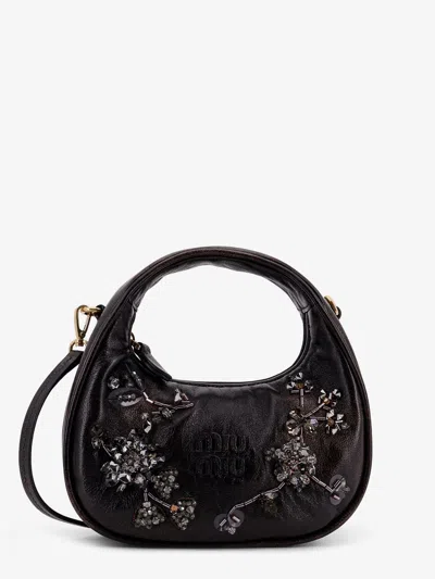 Miu Miu Wander Leather Mini Crossbody Bag With Embroidery In Black