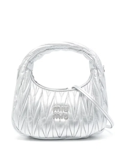Miu Miu Wander Matelassé Leather Hobo Bag In Silver