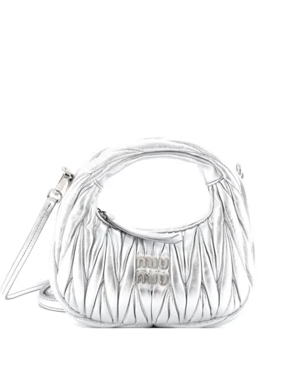 Pre-owned Miu Miu Wander Matelasse Leather Mini Hobo Bag In Silver