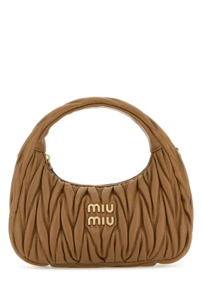 Miu Miu Wander Matelassé Logo Plaque Mini Hobo Bag In Brown
