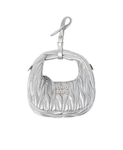 Miu Miu Wander Matelassé Nappa Leather Micro Hobo Bag In Silver
