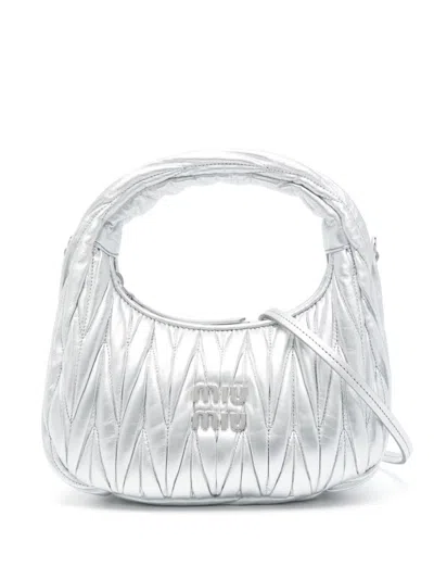 Miu Miu Wander Matelassé Nappa Leather Hobo Mini-bag In Silver