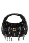 Miu Miu Wander Satin Mini-bag With Crystal And Sequin Fringe In Black
