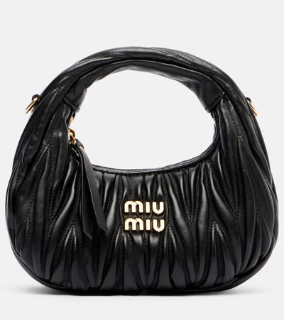 Miu Miu Wander Mini Matelassé Leather Tote Bag In Black