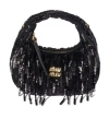 Miu Miu Wander Satin Mini-bag With Crystal And Sequin Fringe In Black