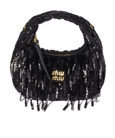 MIU MIU WANDER SATIN MINI-BAG WITH CRYSTAL AND SEQUIN FRINGE