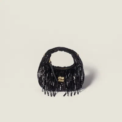 Miu Miu Wander Satin Mini-bag With Crystal And Sequin Fringe In Black