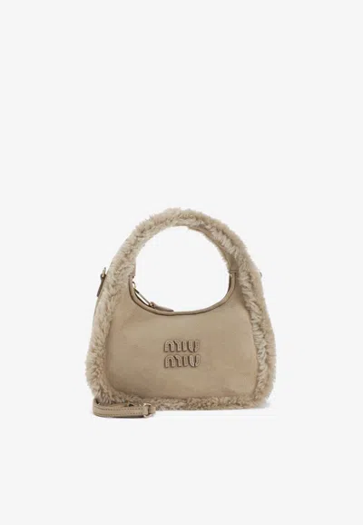 Miu Miu Wander Shearling Hobo Bag In Sand