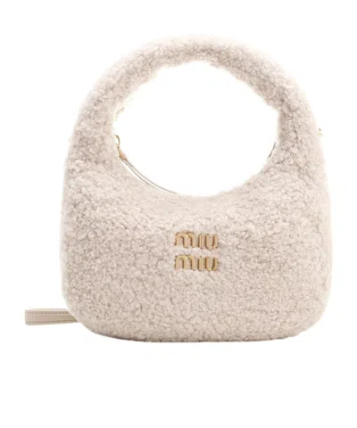 Miu Miu Wander Shearling Tote Bag In Nude